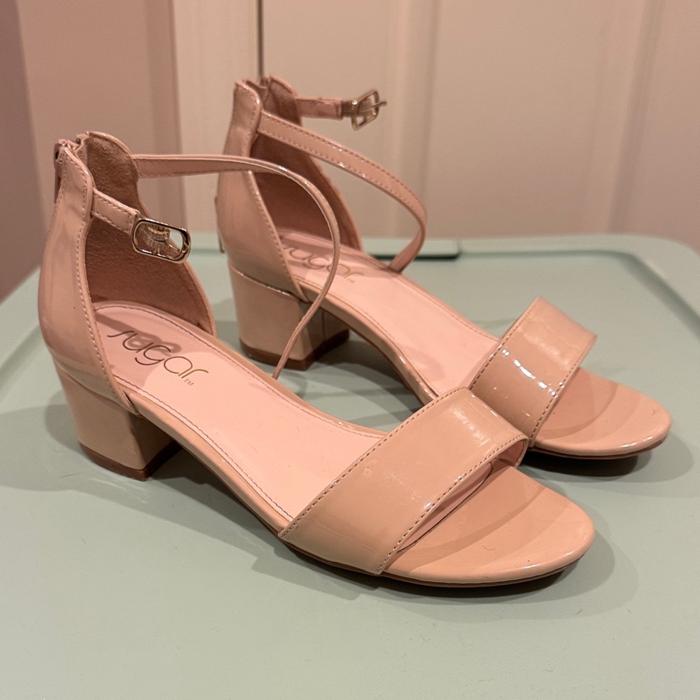 Girls Sugar Nude Patent Block Heel Shoes Sz 4